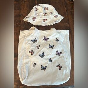 American Eagle Outfitters White Butterfly Hat and Tote Set